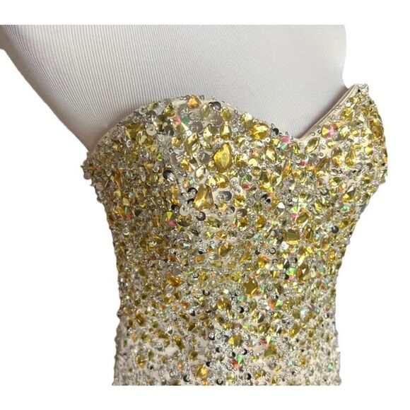 Womens Fabuluxe Couture Champagne & Gold Strapless Hand Beaded Fit Dress Gown XL - Picture 2 of 5